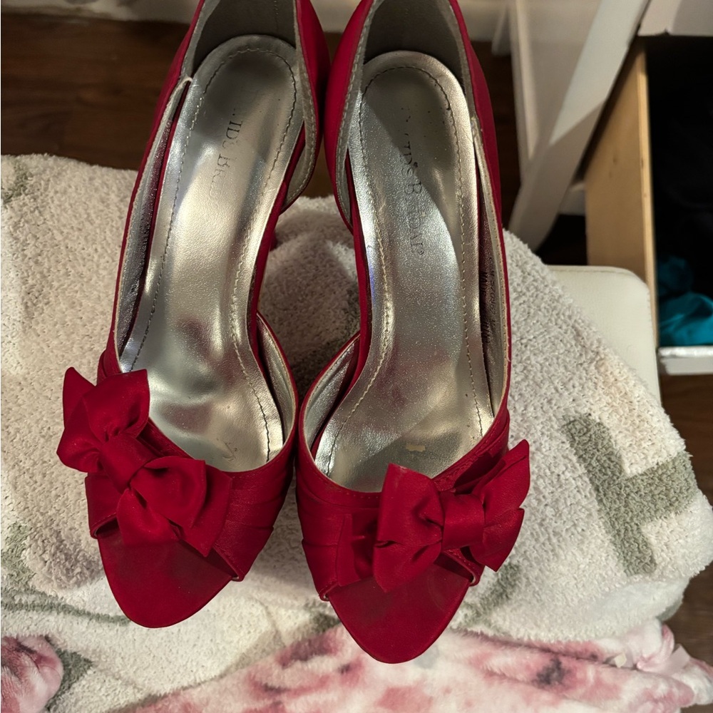 David's Bridal Red Satin Bow Heels